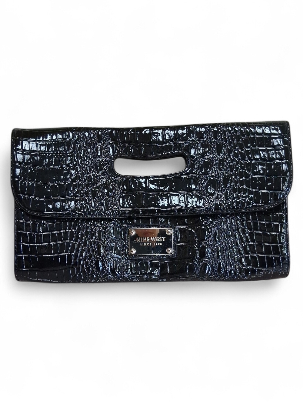 Nine West‎ Black Croc-Embossed Patent Wristlet Clutch